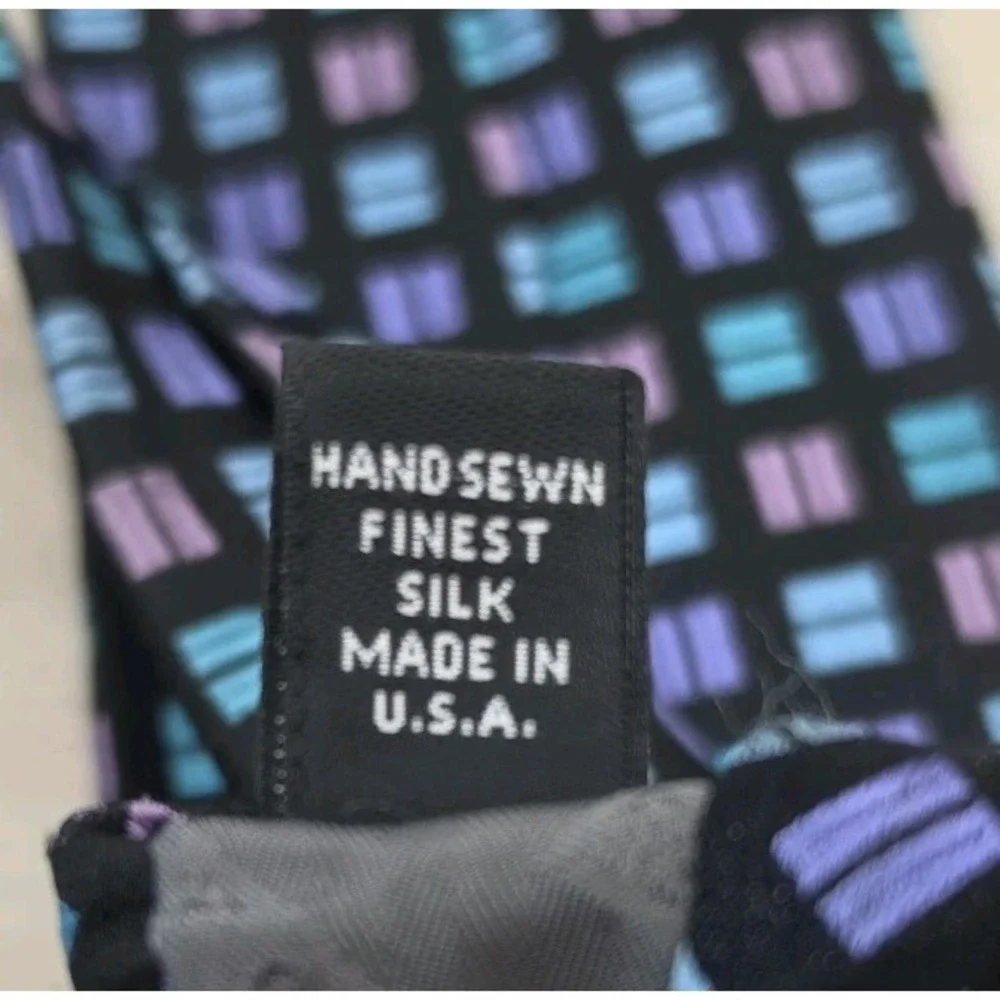 Robert Talbott‎ Mens Necktie Black Geometric Square Pattern Pastel Silk Tie Neat